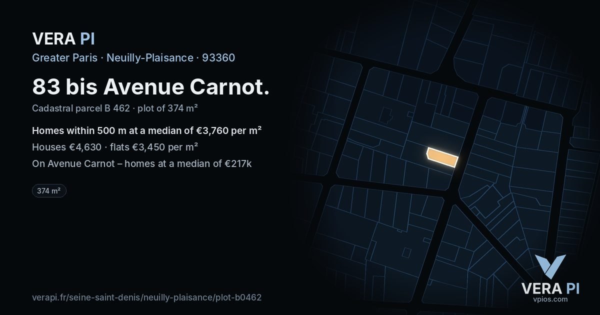 83 bis Avenue Carnot, Neuilly-Plaisance at night – the plot lit, the parcels around coloured by the prices near them
