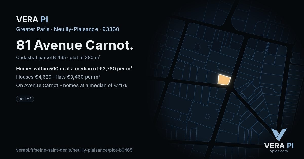 81 Avenue Carnot, Neuilly-Plaisance at night – the plot lit, the parcels around coloured by the prices near them