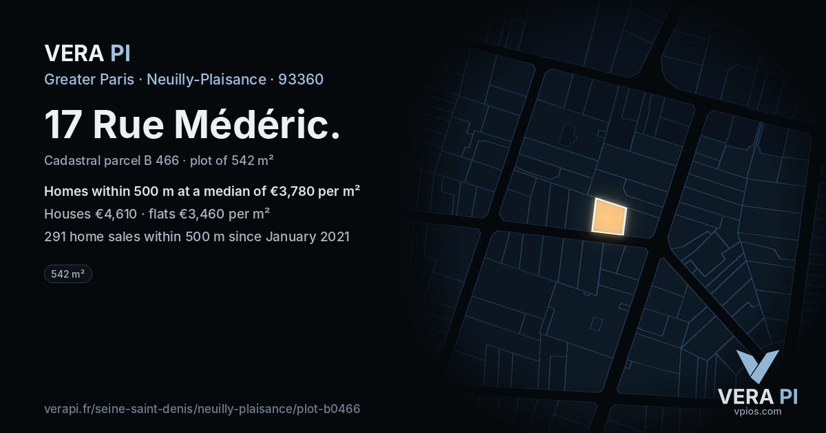 17 Rue Médéric, Neuilly-Plaisance at night – the plot lit, the parcels around coloured by the prices near them