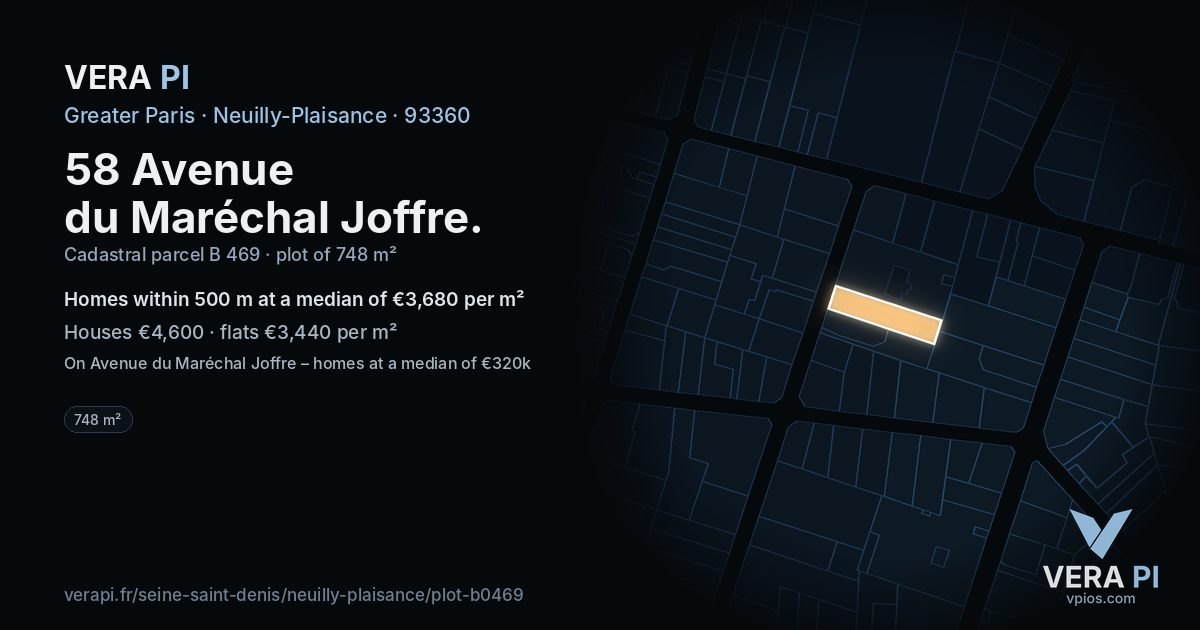 58 Avenue du Maréchal Joffre, Neuilly-Plaisance at night – the plot lit, the parcels around coloured by the prices near them