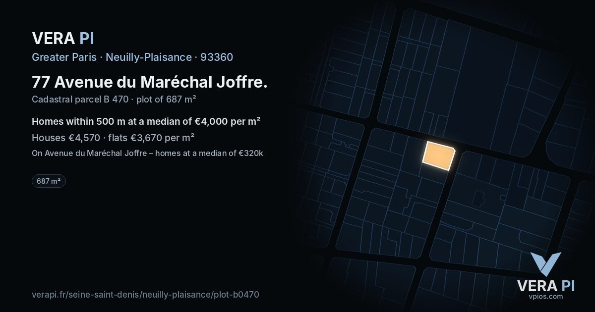 77 Avenue du Maréchal Joffre, Neuilly-Plaisance at night – the plot lit, the parcels around coloured by the prices near them