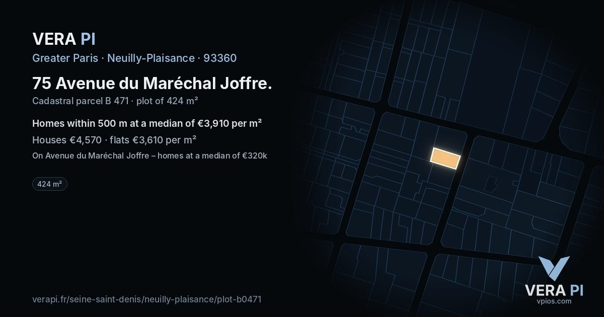 75 Avenue du Maréchal Joffre, Neuilly-Plaisance at night – the plot lit, the parcels around coloured by the prices near them