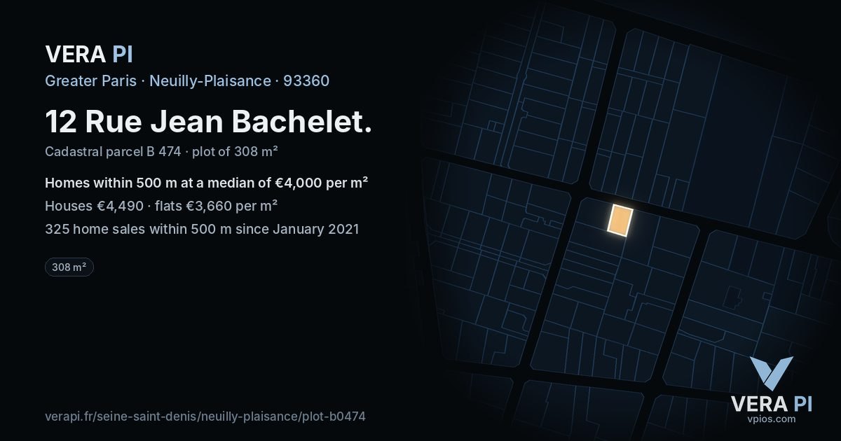 12 Rue Jean Bachelet, Neuilly-Plaisance at night – the plot lit, the parcels around coloured by the prices near them