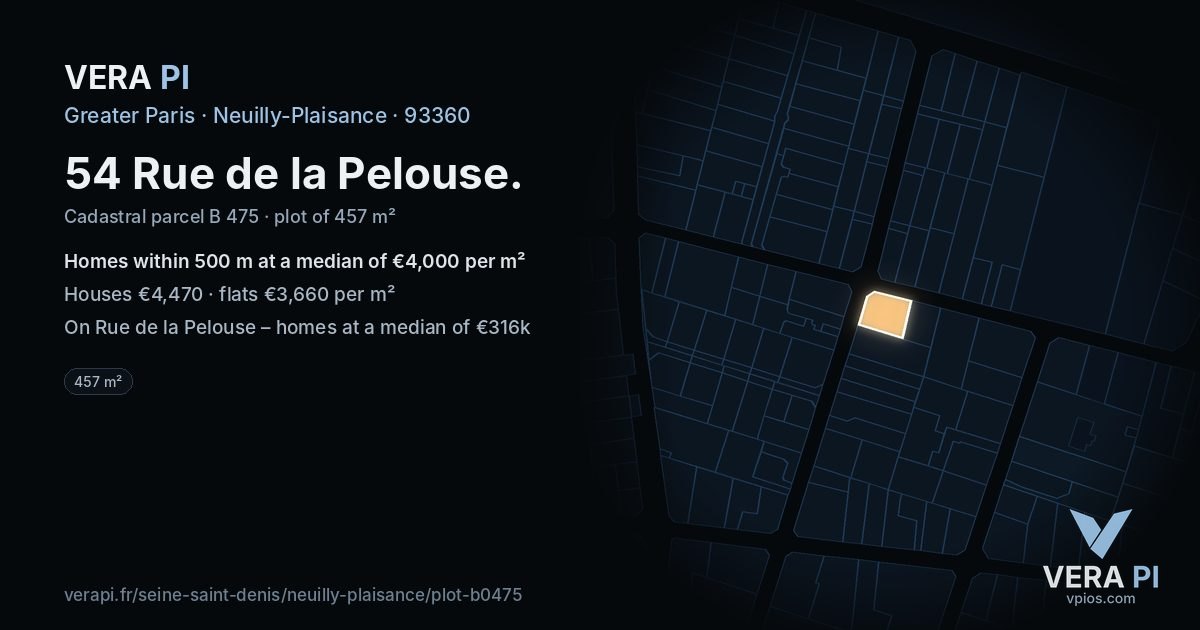 54 Rue de la Pelouse, Neuilly-Plaisance at night – the plot lit, the parcels around coloured by the prices near them
