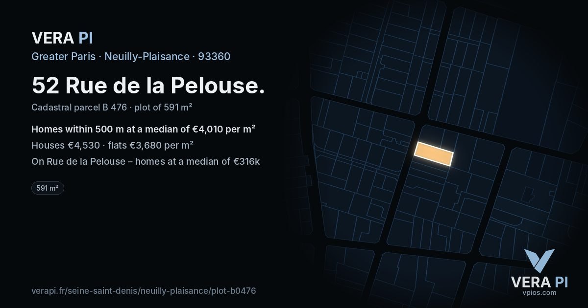 52 Rue de la Pelouse, Neuilly-Plaisance at night – the plot lit, the parcels around coloured by the prices near them