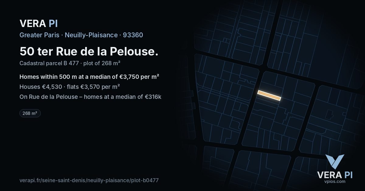 50 ter Rue de la Pelouse, Neuilly-Plaisance at night – the plot lit, the parcels around coloured by the prices near them