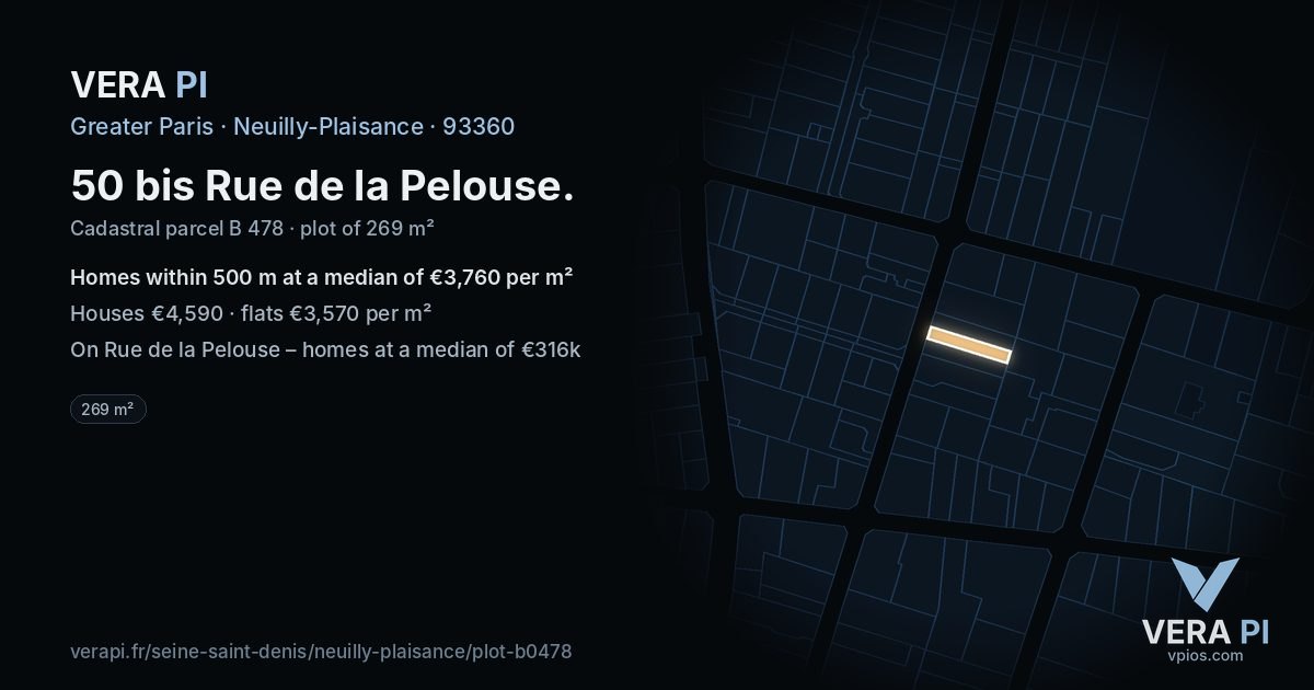 50 bis Rue de la Pelouse, Neuilly-Plaisance at night – the plot lit, the parcels around coloured by the prices near them