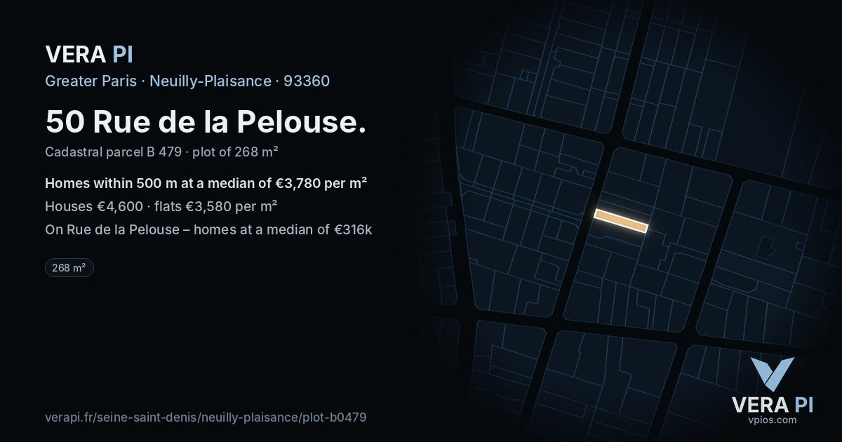 50 Rue de la Pelouse, Neuilly-Plaisance at night – the plot lit, the parcels around coloured by the prices near them