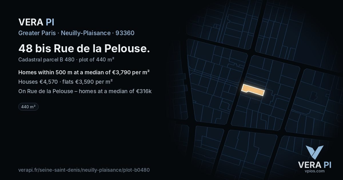 48 bis Rue de la Pelouse, Neuilly-Plaisance at night – the plot lit, the parcels around coloured by the prices near them