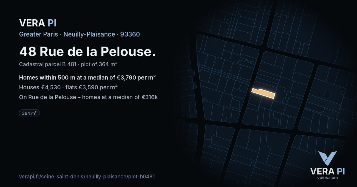 48 Rue de la Pelouse, Neuilly-Plaisance at night – the plot lit, the parcels around coloured by the prices near them