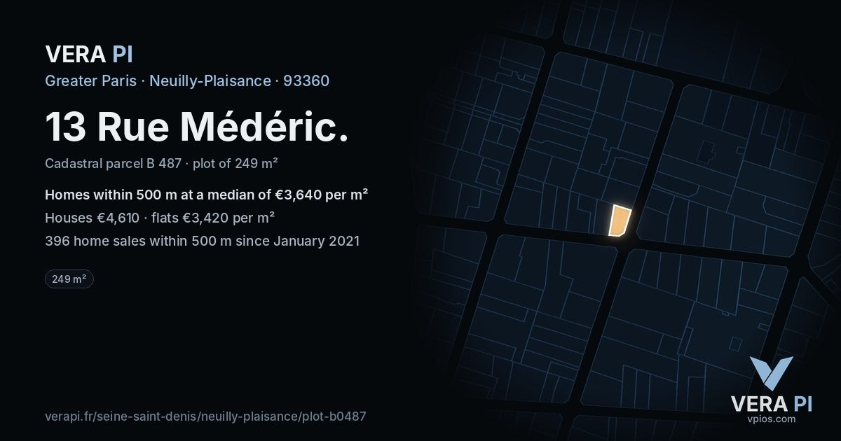 13 Rue Médéric, Neuilly-Plaisance at night – the plot lit, the parcels around coloured by the prices near them