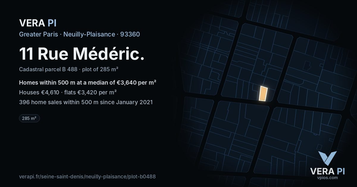 11 Rue Médéric, Neuilly-Plaisance at night – the plot lit, the parcels around coloured by the prices near them
