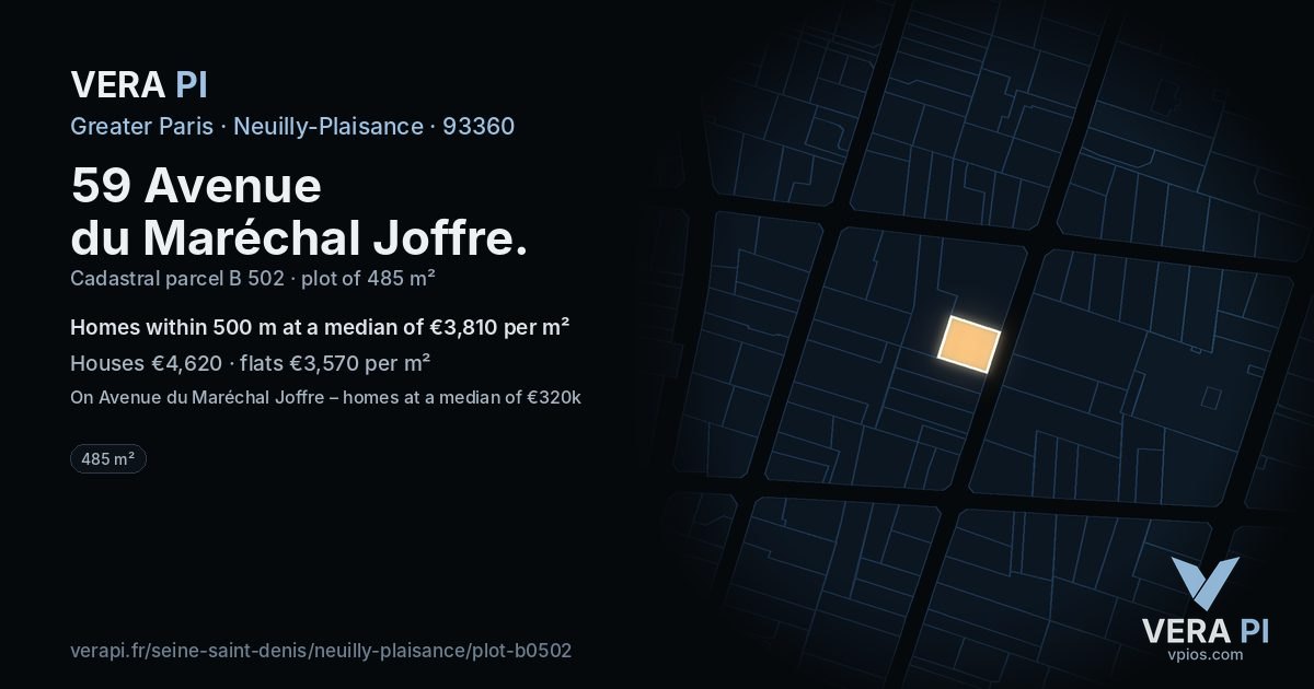 59 Avenue du Maréchal Joffre, Neuilly-Plaisance at night – the plot lit, the parcels around coloured by the prices near them