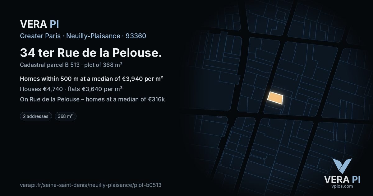 34 ter Rue de la Pelouse, Neuilly-Plaisance at night – the plot lit, the parcels around coloured by the prices near them