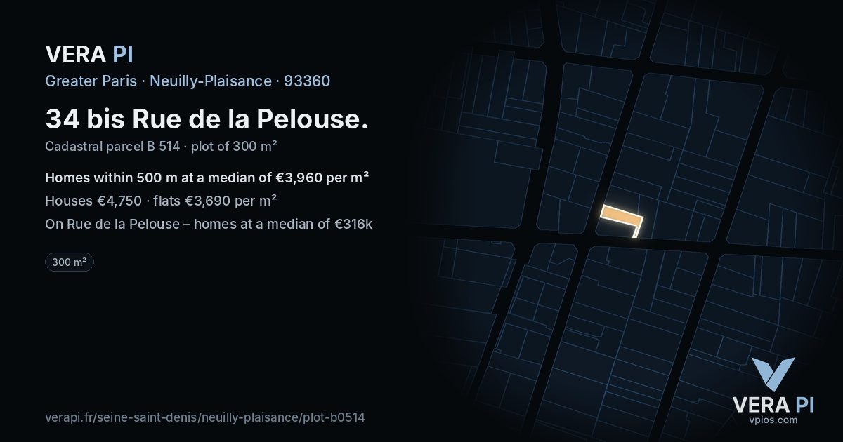 34 bis Rue de la Pelouse, Neuilly-Plaisance at night – the plot lit, the parcels around coloured by the prices near them