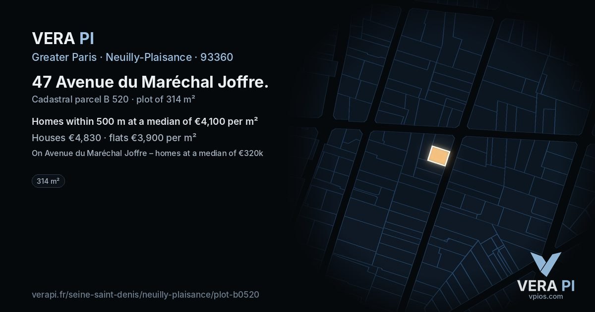 47 Avenue du Maréchal Joffre, Neuilly-Plaisance at night – the plot lit, the parcels around coloured by the prices near them