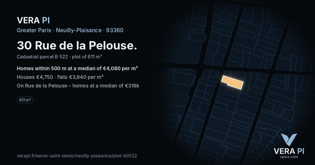 30 Rue de la Pelouse, Neuilly-Plaisance at night – the plot lit, the parcels around coloured by the prices near them