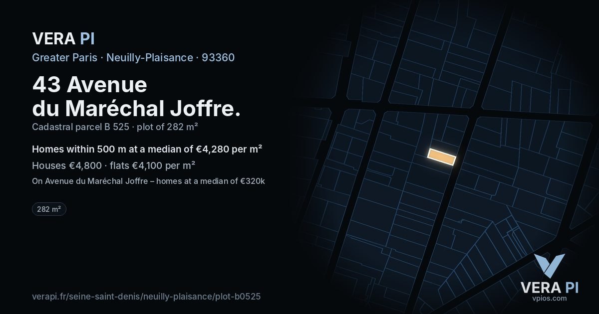 43 Avenue du Maréchal Joffre, Neuilly-Plaisance at night – the plot lit, the parcels around coloured by the prices near them