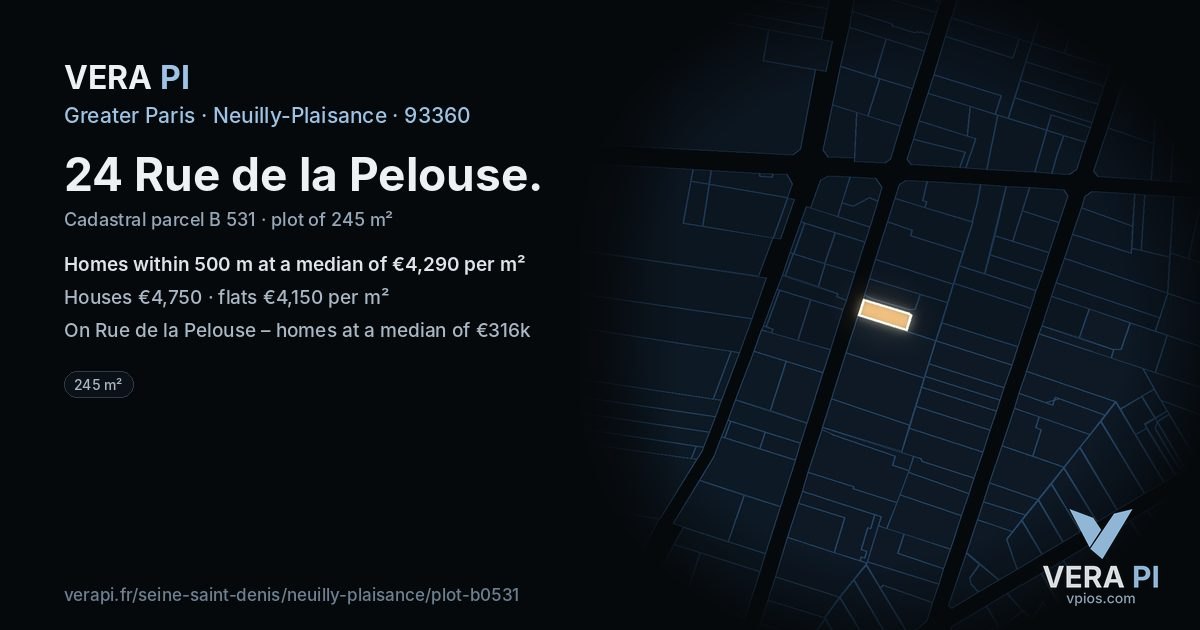 24 Rue de la Pelouse, Neuilly-Plaisance at night – the plot lit, the parcels around coloured by the prices near them