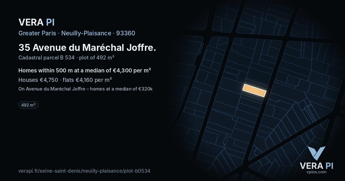 35 Avenue du Maréchal Joffre, Neuilly-Plaisance at night – the plot lit, the parcels around coloured by the prices near them