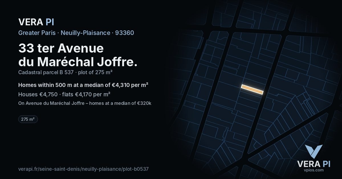 33 ter Avenue du Maréchal Joffre, Neuilly-Plaisance at night – the plot lit, the parcels around coloured by the prices near them