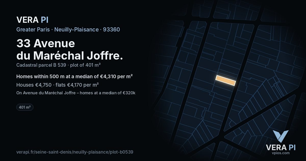 33 Avenue du Maréchal Joffre, Neuilly-Plaisance at night – the plot lit, the parcels around coloured by the prices near them