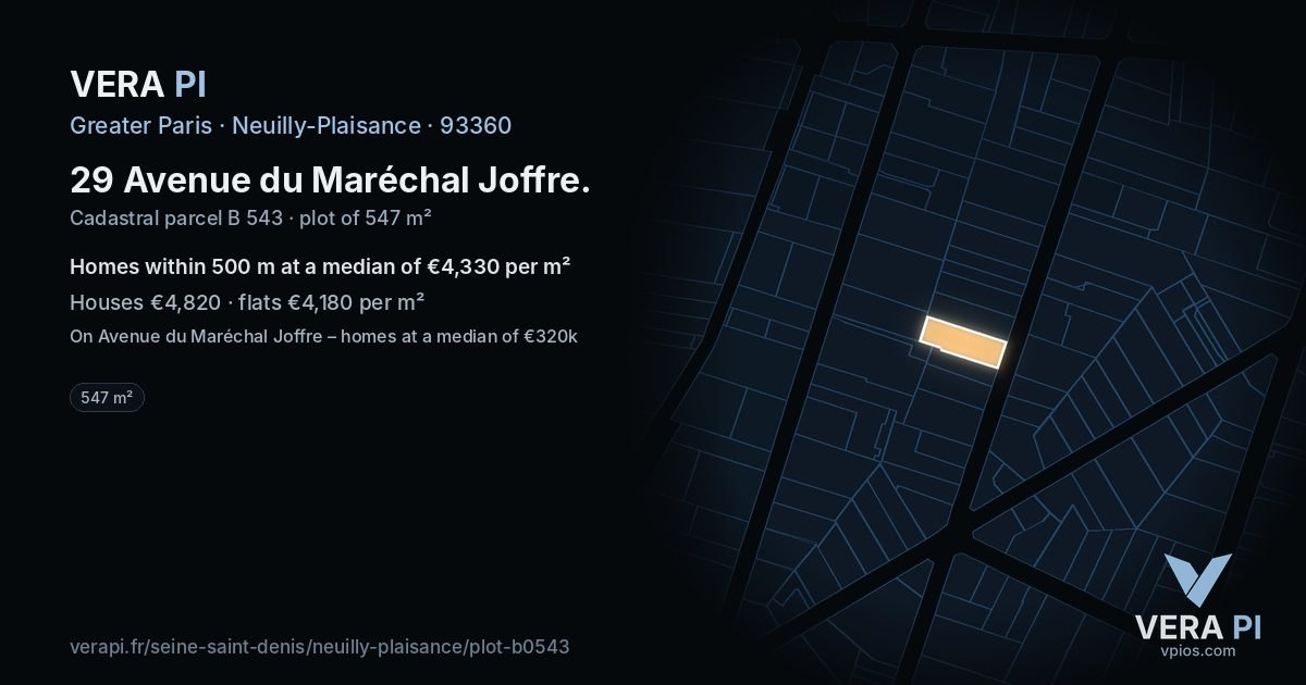 29 Avenue du Maréchal Joffre, Neuilly-Plaisance at night – the plot lit, the parcels around coloured by the prices near them