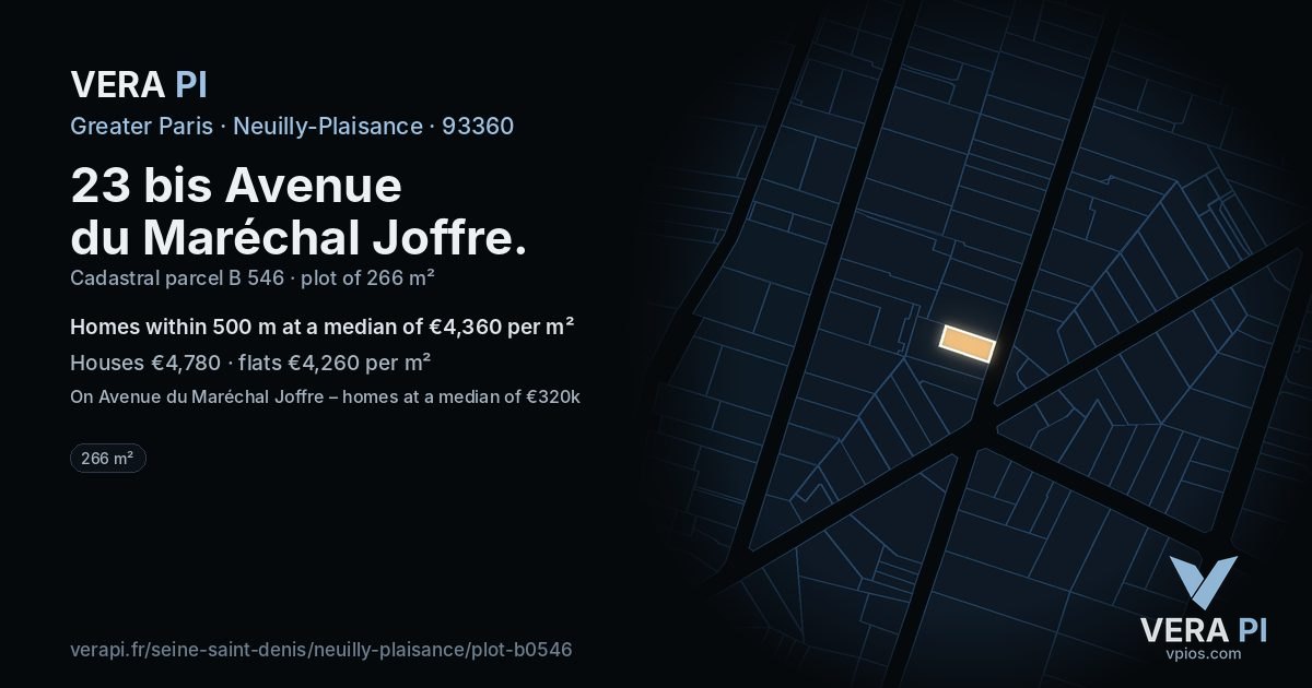 23 bis Avenue du Maréchal Joffre, Neuilly-Plaisance at night – the plot lit, the parcels around coloured by the prices near them