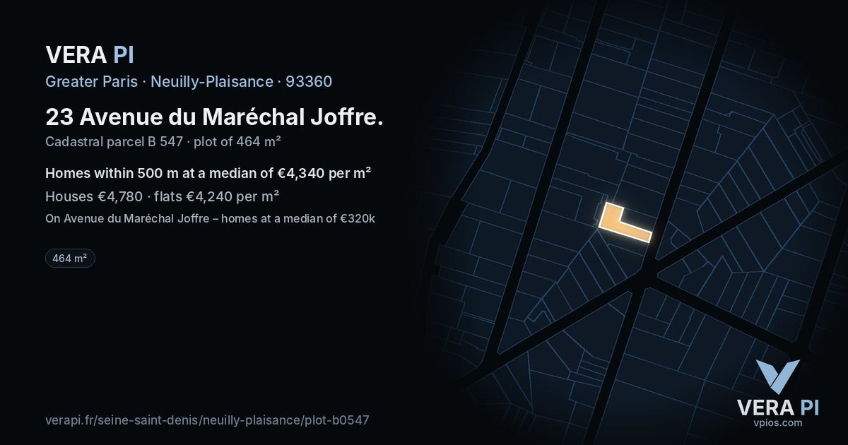 23 Avenue du Maréchal Joffre, Neuilly-Plaisance at night – the plot lit, the parcels around coloured by the prices near them