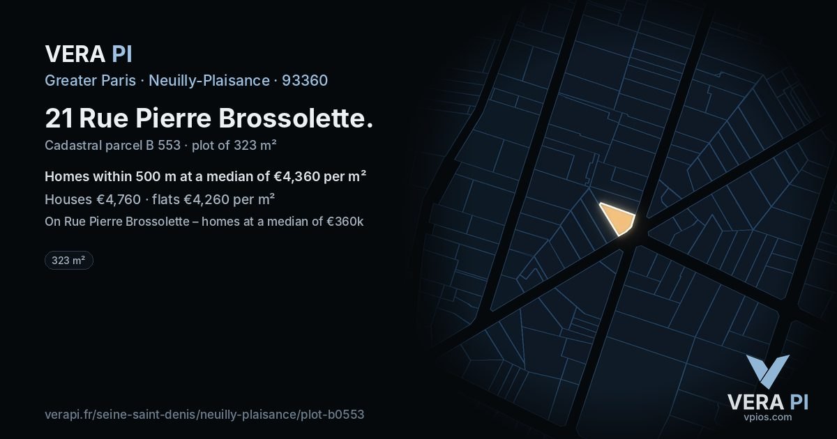 21 Rue Pierre Brossolette, Neuilly-Plaisance at night – the plot lit, the parcels around coloured by the prices near them
