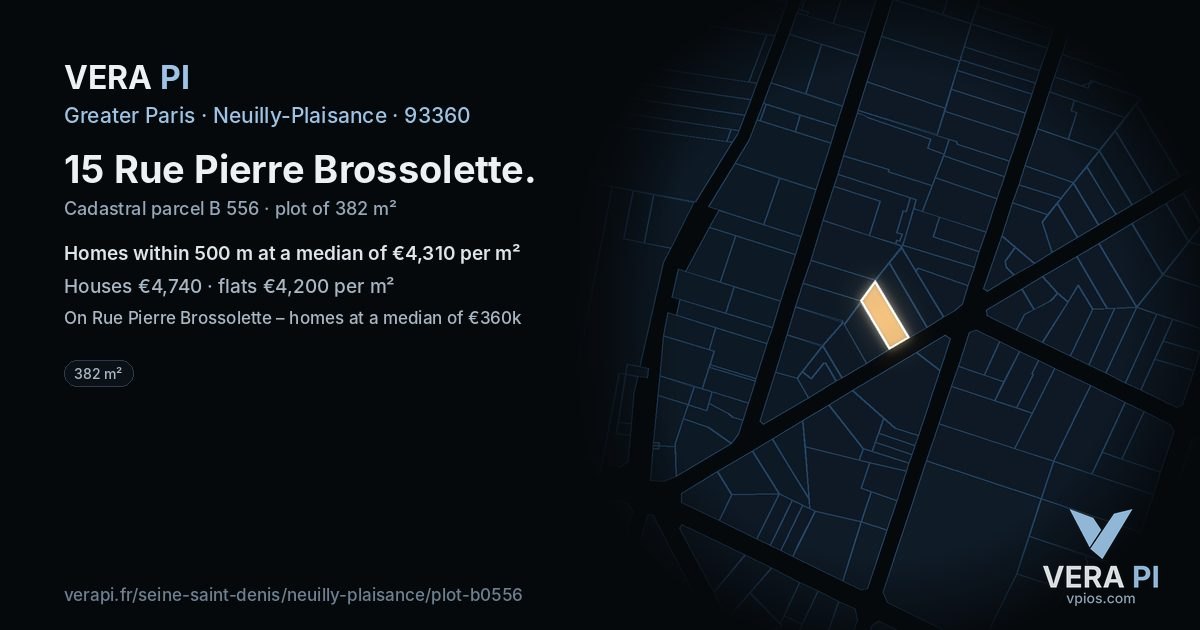 15 Rue Pierre Brossolette, Neuilly-Plaisance at night – the plot lit, the parcels around coloured by the prices near them