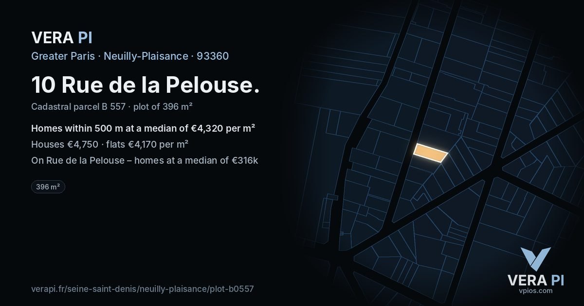10 Rue de la Pelouse, Neuilly-Plaisance at night – the plot lit, the parcels around coloured by the prices near them