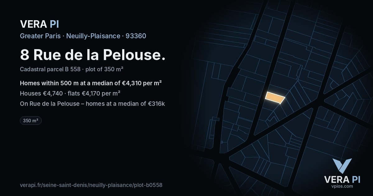 8 Rue de la Pelouse, Neuilly-Plaisance at night – the plot lit, the parcels around coloured by the prices near them