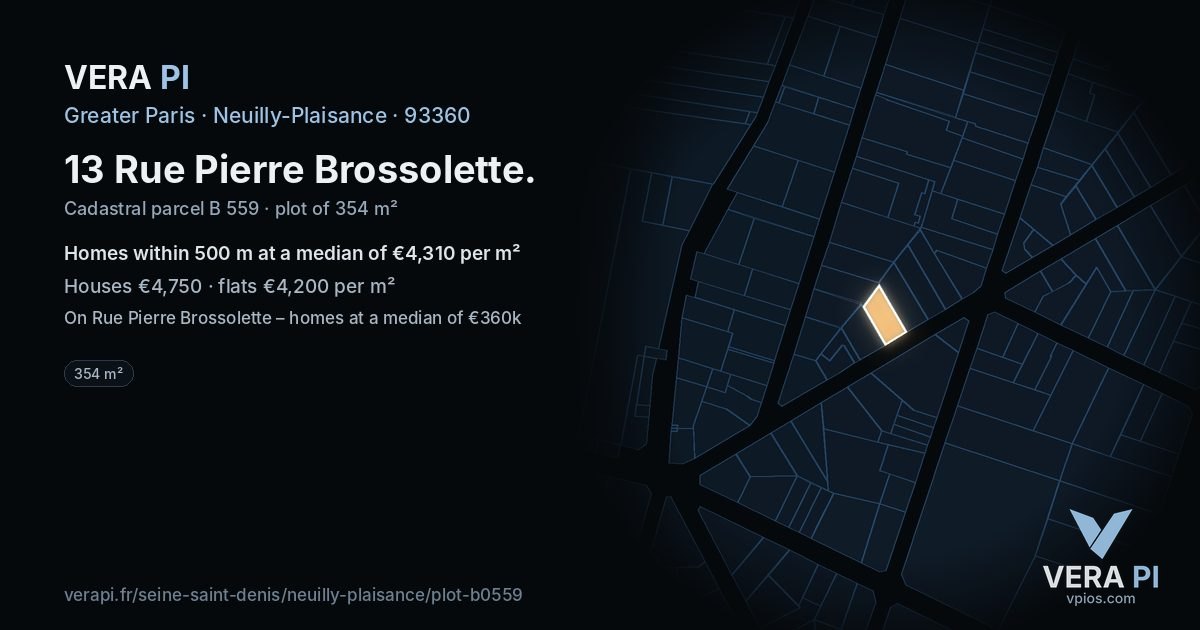 13 Rue Pierre Brossolette, Neuilly-Plaisance at night – the plot lit, the parcels around coloured by the prices near them