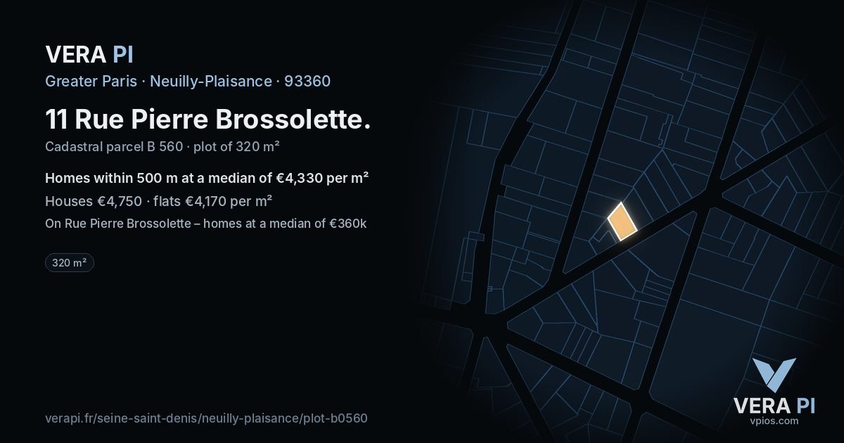 11 Rue Pierre Brossolette, Neuilly-Plaisance at night – the plot lit, the parcels around coloured by the prices near them