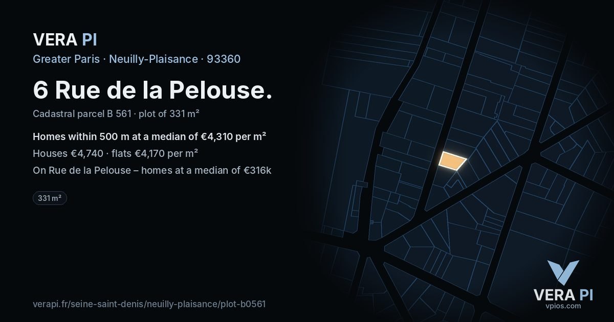 6 Rue de la Pelouse, Neuilly-Plaisance at night – the plot lit, the parcels around coloured by the prices near them