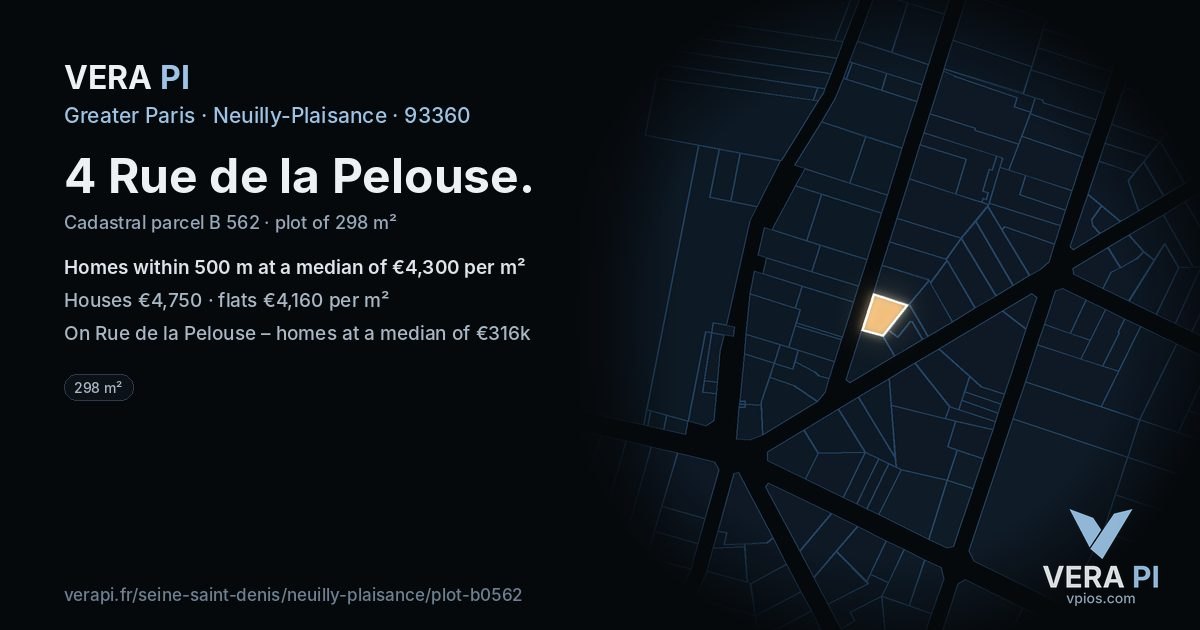 4 Rue de la Pelouse, Neuilly-Plaisance at night – the plot lit, the parcels around coloured by the prices near them