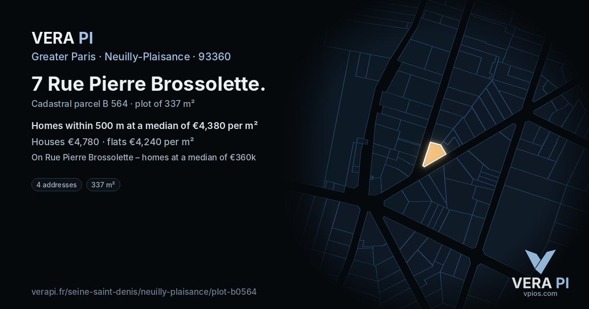 7 Rue Pierre Brossolette, Neuilly-Plaisance at night – the plot lit, the parcels around coloured by the prices near them