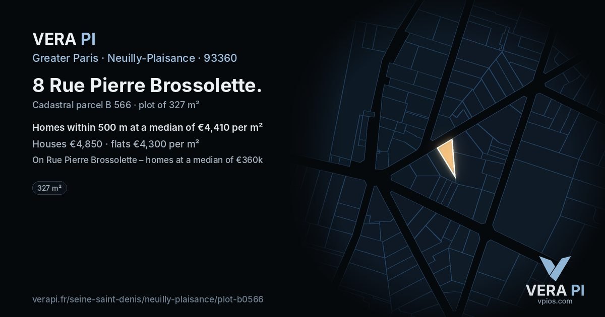 8 Rue Pierre Brossolette, Neuilly-Plaisance at night – the plot lit, the parcels around coloured by the prices near them