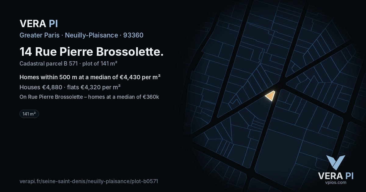 14 Rue Pierre Brossolette, Neuilly-Plaisance at night – the plot lit, the parcels around coloured by the prices near them