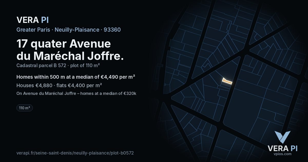 17 quater Avenue du Maréchal Joffre, Neuilly-Plaisance at night – the plot lit, the parcels around coloured by the prices near them