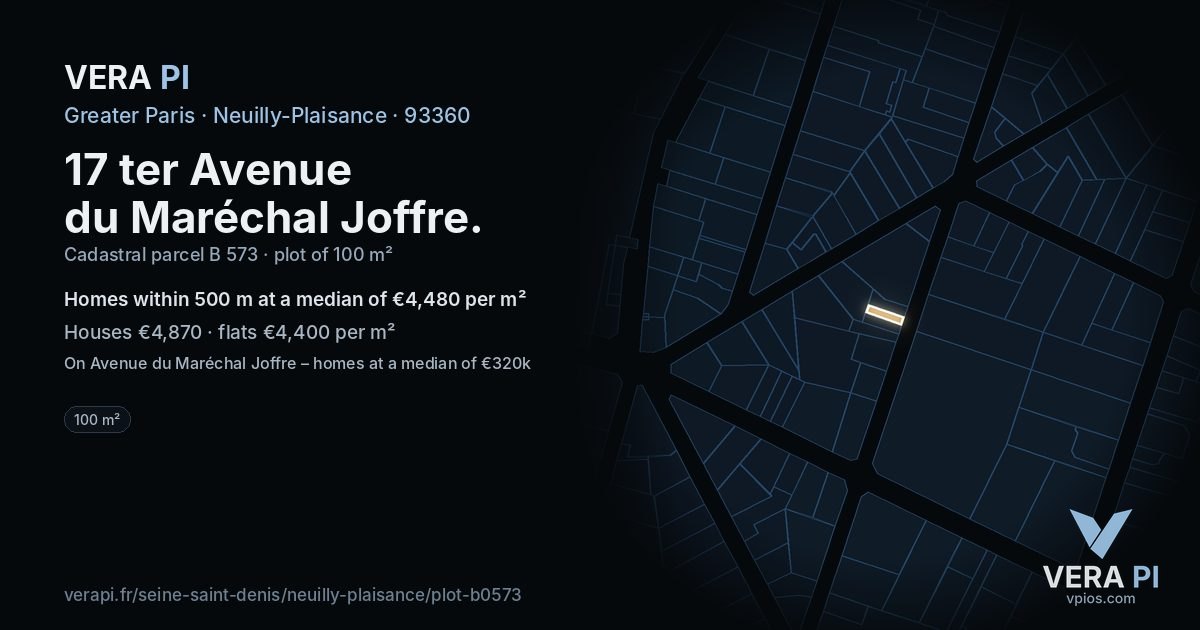 17 ter Avenue du Maréchal Joffre, Neuilly-Plaisance at night – the plot lit, the parcels around coloured by the prices near them
