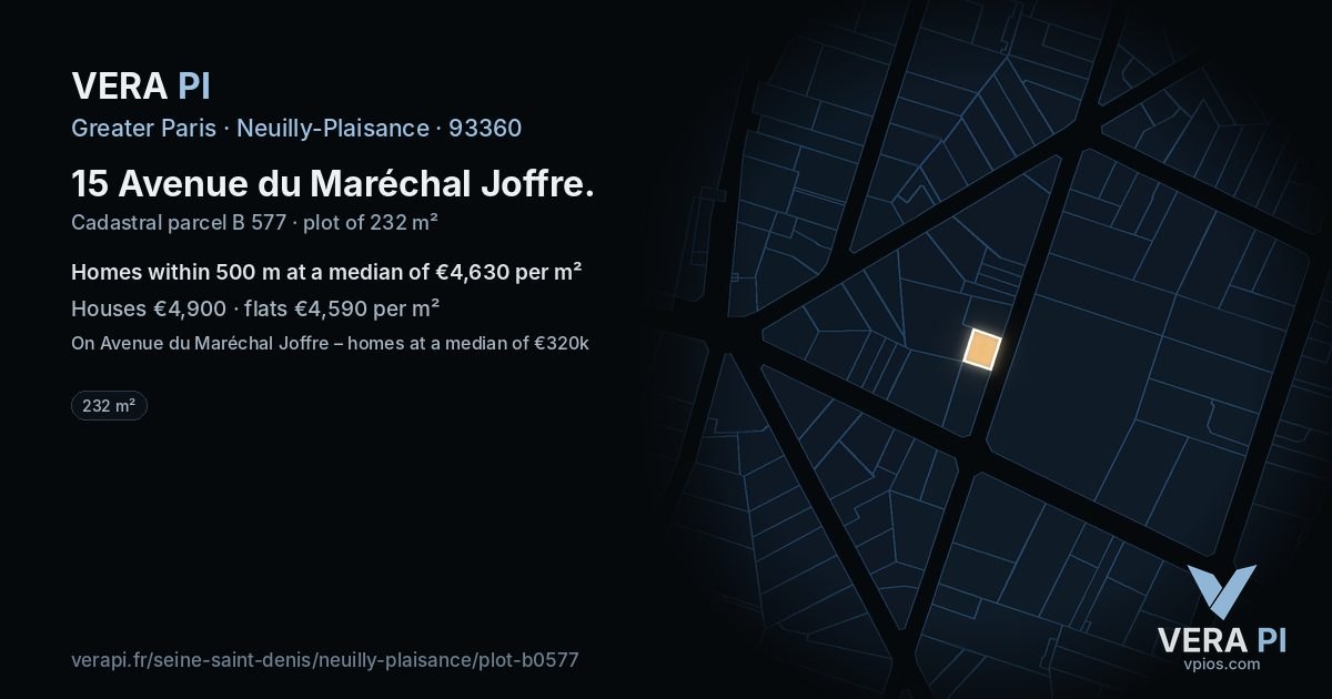 15 Avenue du Maréchal Joffre, Neuilly-Plaisance at night – the plot lit, the parcels around coloured by the prices near them