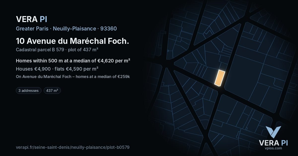 10 Avenue du Maréchal Foch, Neuilly-Plaisance at night – the plot lit, the parcels around coloured by the prices near them
