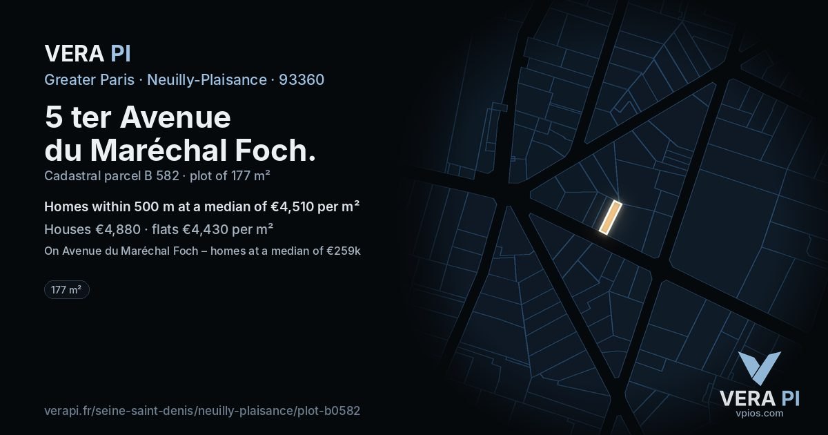 5 ter Avenue du Maréchal Foch, Neuilly-Plaisance at night – the plot lit, the parcels around coloured by the prices near them