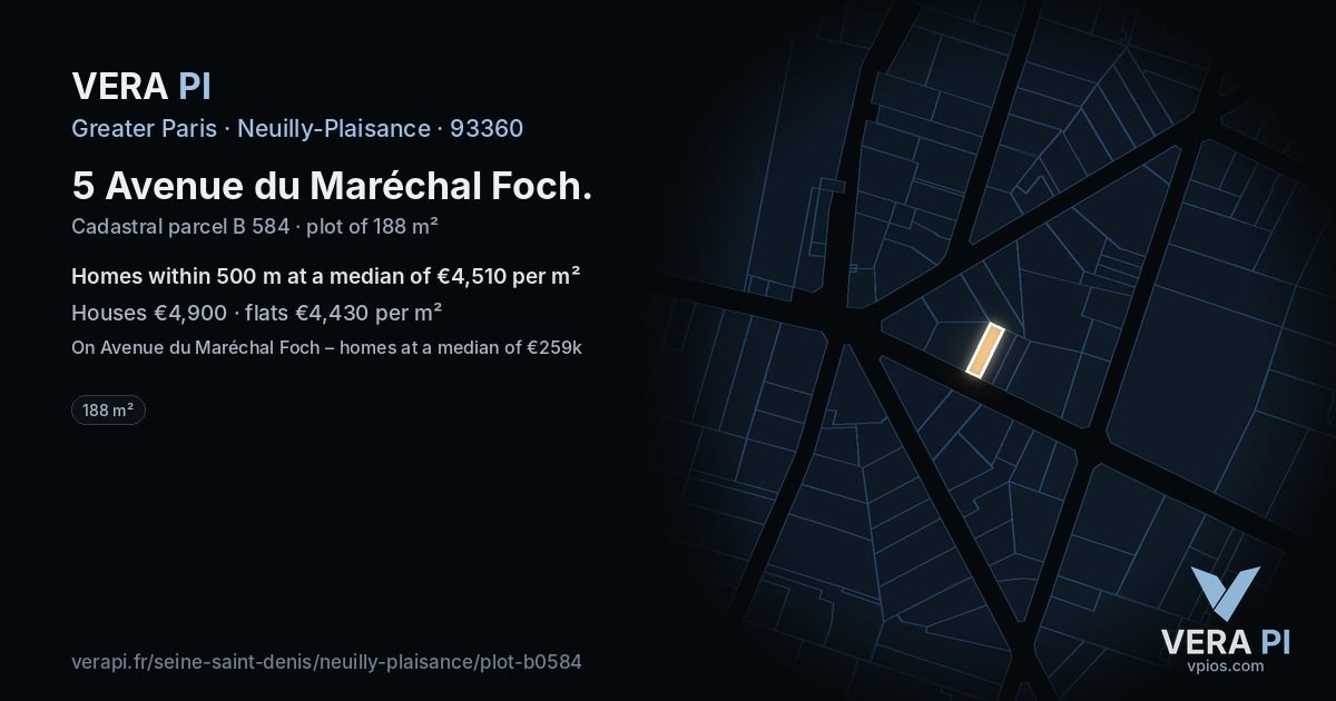 5 Avenue du Maréchal Foch, Neuilly-Plaisance at night – the plot lit, the parcels around coloured by the prices near them