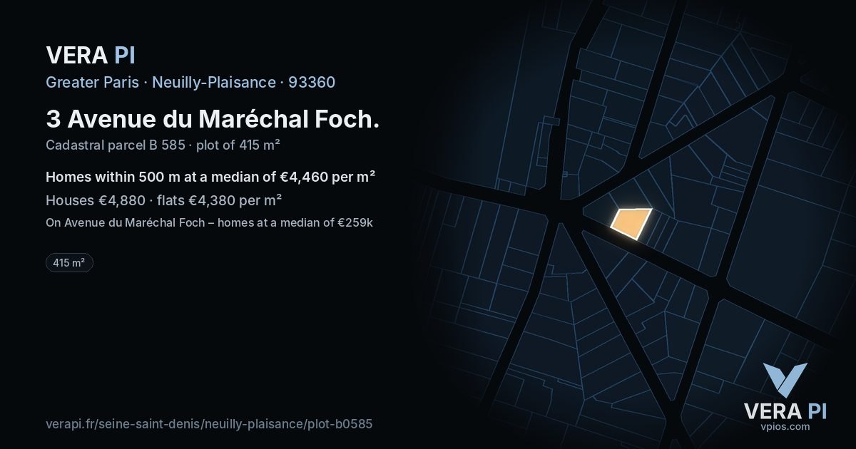 3 Avenue du Maréchal Foch, Neuilly-Plaisance at night – the plot lit, the parcels around coloured by the prices near them