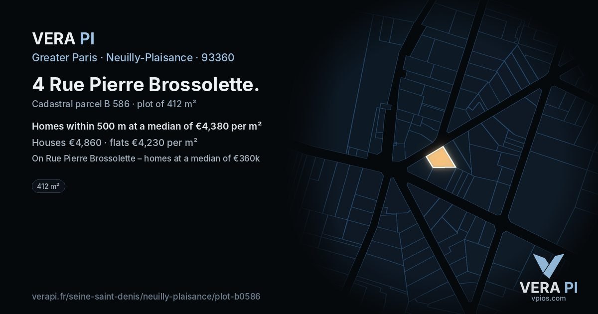 4 Rue Pierre Brossolette, Neuilly-Plaisance at night – the plot lit, the parcels around coloured by the prices near them
