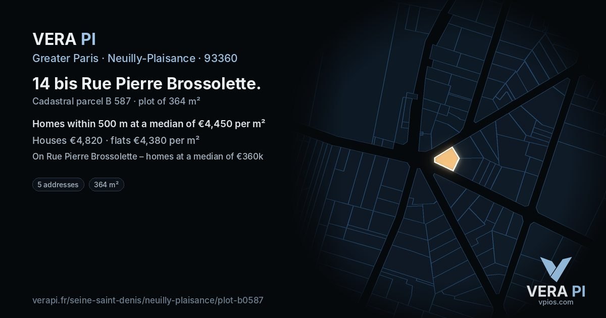 14 bis Rue Pierre Brossolette, Neuilly-Plaisance at night – the plot lit, the parcels around coloured by the prices near them