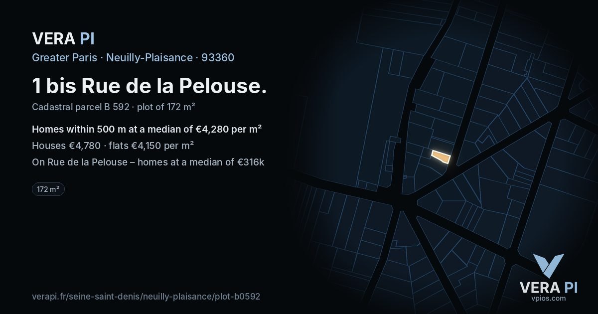 1 bis Rue de la Pelouse, Neuilly-Plaisance at night – the plot lit, the parcels around coloured by the prices near them